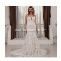 sweetheart deep neckline mermaid sleeveless lace wedding dress with long train